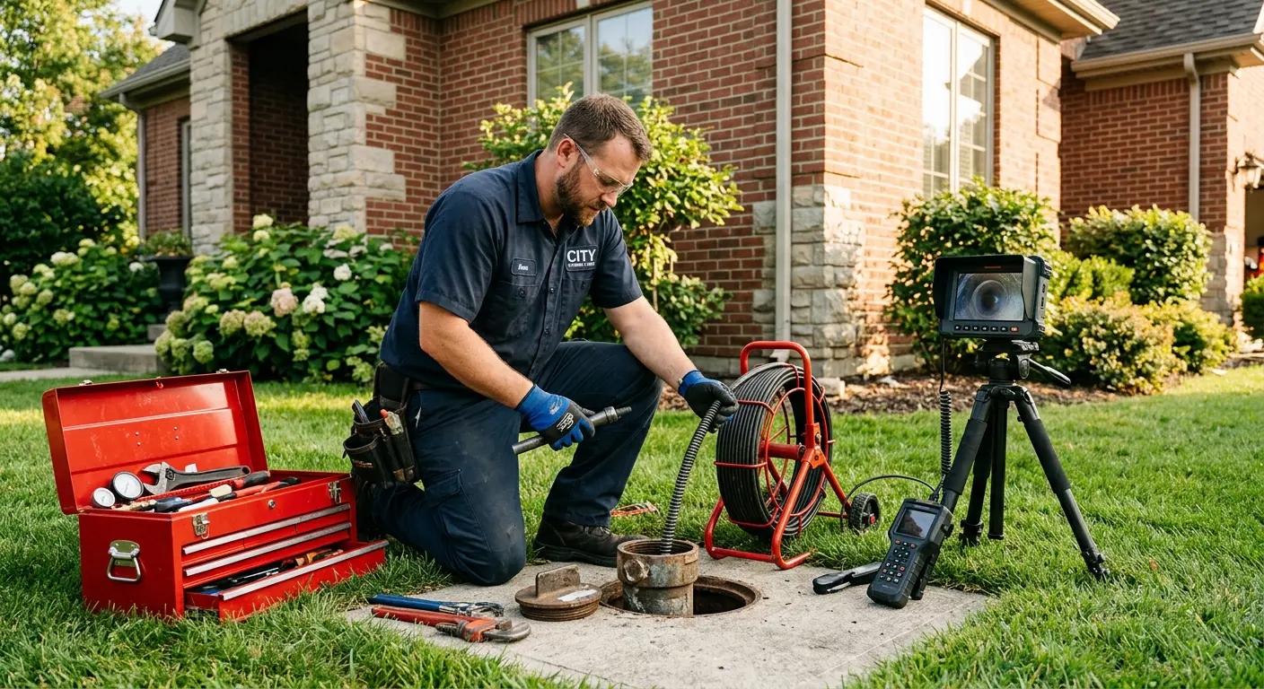Sewer specialist with camera equipment servicing a cleanout in The Meadows