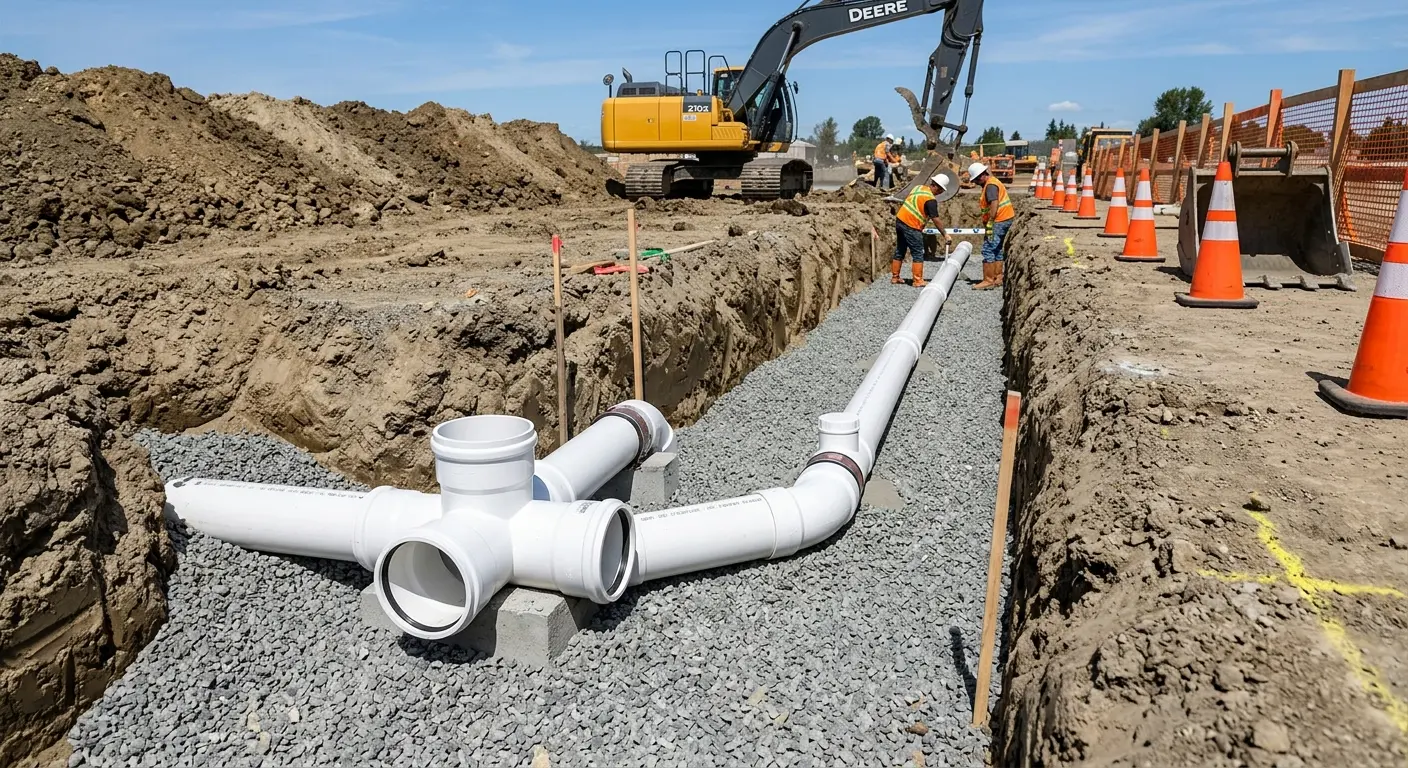 New PVC sewer pipe installation in open trench for Commercial Drain Cleaning in The Meadows